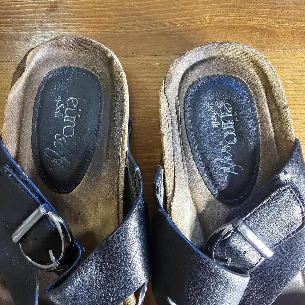 Eurosoft Black Leather Buckle Strap Sandals
